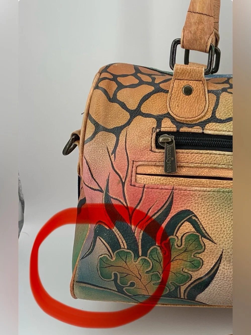 Anuschka Hand Painted Leather Satchel Peacock Feather Botanical Art Crossbody